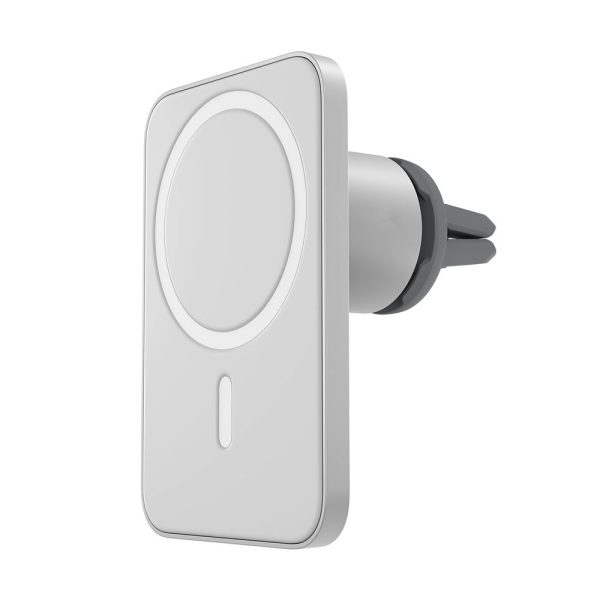 MagSafe car mount charger designed for secure attachment to vehicle air vents.