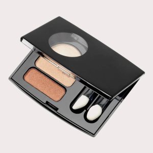 Open eyeshadow palette featuring two shades: a light and a darker shade with applicators included.