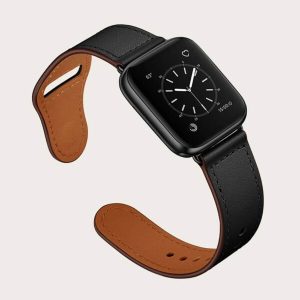 Black smartwatch featuring a round face and brown leather strap, showcasing a modern design suitable for various occasions.
