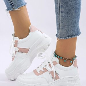 White and pink casual sneakers featuring a chunky sole and lace-up design, ideal for everyday wear and stylish comfort.