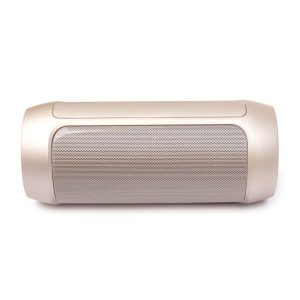 Portable Bluetooth speaker in a gold finish with a mesh grille design.