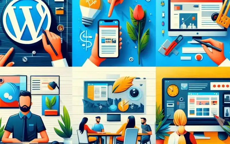 Colorful illustration depicting WordPress logo, digital devices, and marketing elements in a grid layout.
